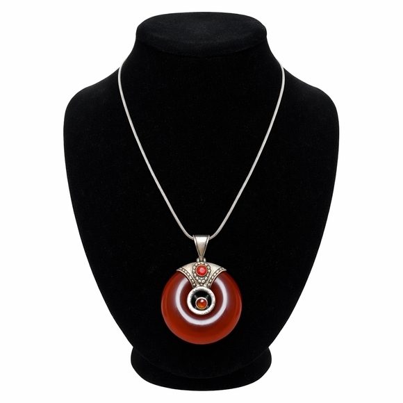 None Jewelry - Sterling Silver Carnelian Donut Pendant Necklace Red Stone